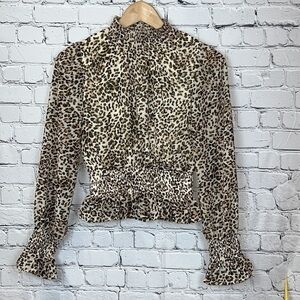 JAPNA Leopard Semi Sheer Shirred Blouse, Size XS